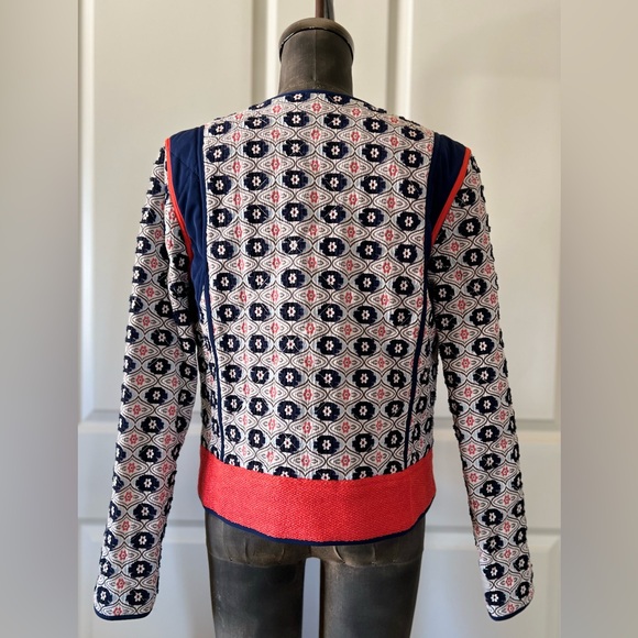 Tory Burch Rainford Daisy Jacquard Quilted Jacket Navy Orange Size 8 - Picture 2 of 9